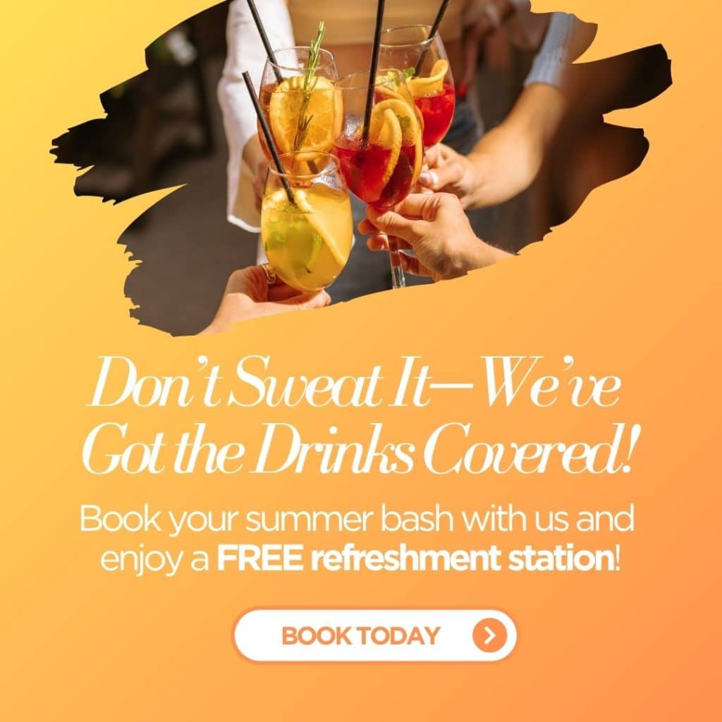 Toast of citrus cocktails on an orange promo banner promoting a summer drinks package and free refreshment station.