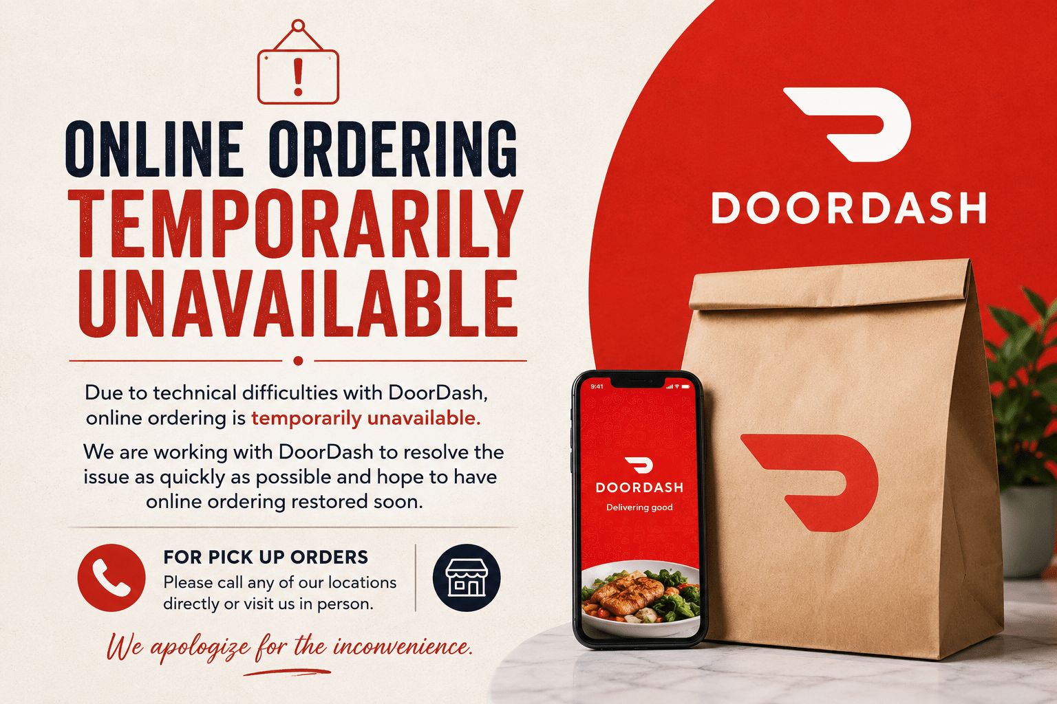 DoorDash outage notice: online ordering temporarily unavailable, shown with a beige left panel and red-themed design including a phone and takeaway bag on the right.
